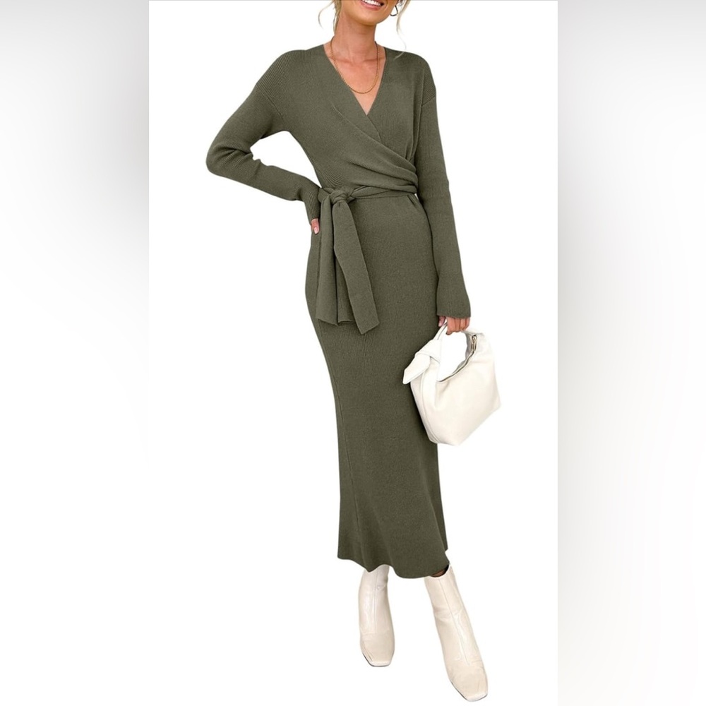 Amazon Green Ribbed Tie Front Midi Dress